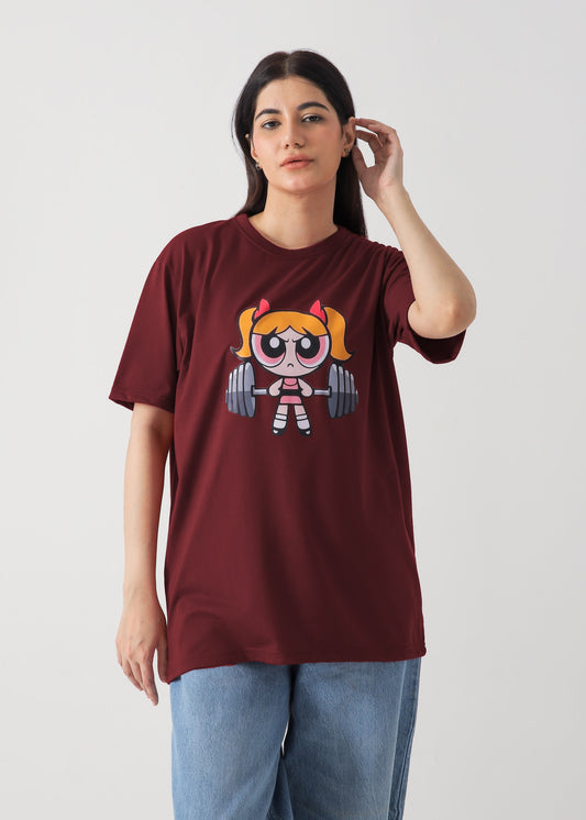 PowerPuff Girl Printed T-Shirt For Women -Mehroon