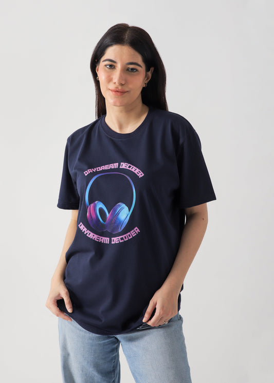 Headphones Printed T-Shirt -Navy Blue