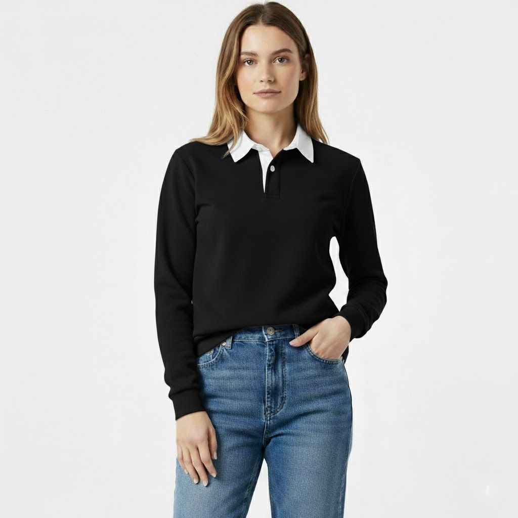 Black with white Collar Fleece Polo For Women