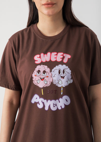 Sweet But Psycho Printed T-Shirt - Brown