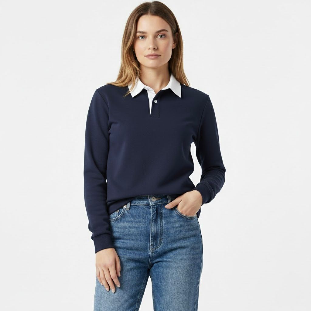 Navy Blue with white Collar Fleece Polo For Women