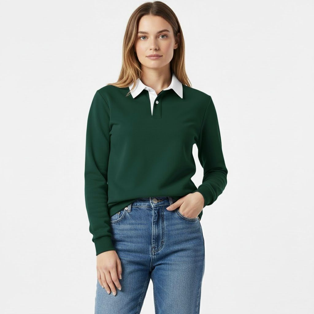 Bottle Green with white Collar Fleece Polo For Women