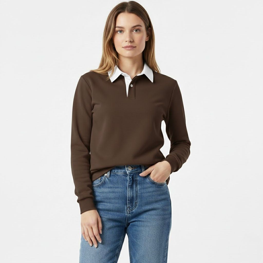 Brown with white Collar Fleece Polo For Women