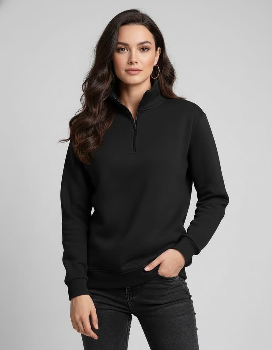 Black Quarter Zip Fleece Sweatshirt For women