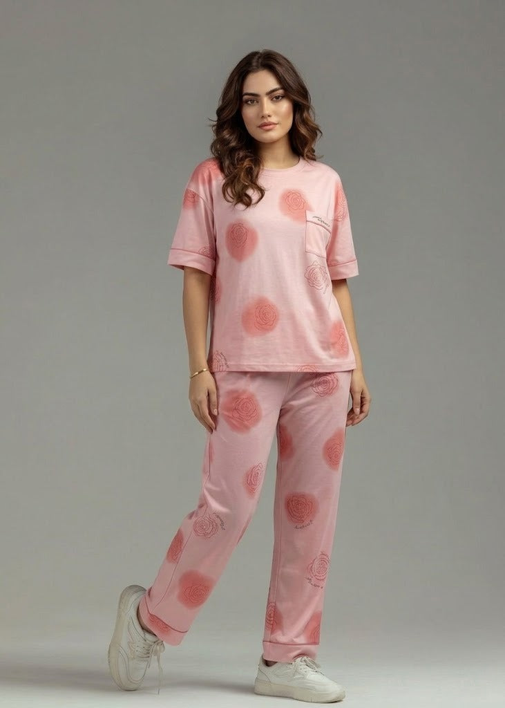 Pink Cherry Blossom Printed Pj Set
