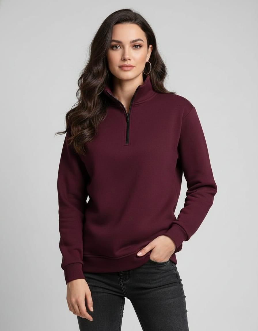 Maroon Quarter Zip Fleece Sweatshirt For women