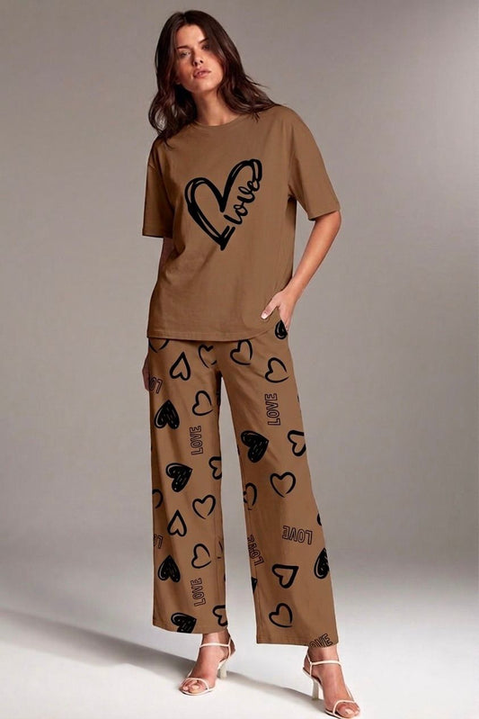 Brown Love Heart Printed Pj set