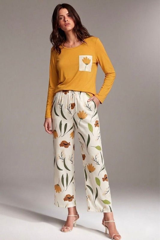 Yellow Flower Pocket Printed Pj set